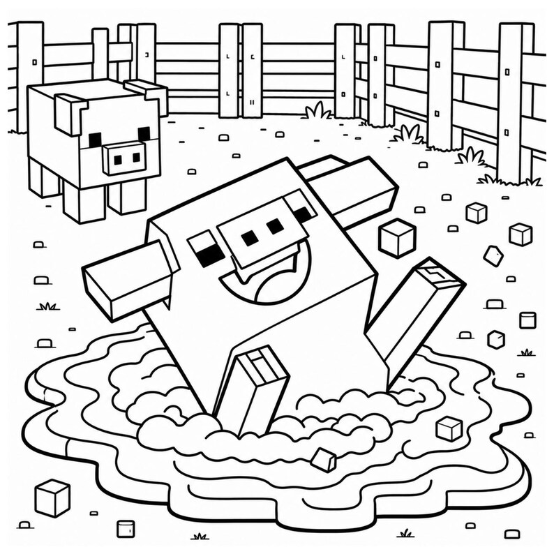 May include: Black and white line drawing of two blocky pigs in a farm scene. One pig stands, the other is in a mud puddle. A wooden fence and scattered square blocks are in the background.