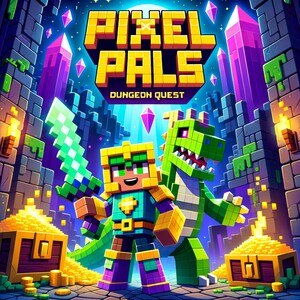 May include: A colourful digital illustration for "Pixel Pals: Dungeon Quest" shows a pixelated hero with a sword, a green dragon, treasure chests, and the game's title. The background includes a castle and crystals.