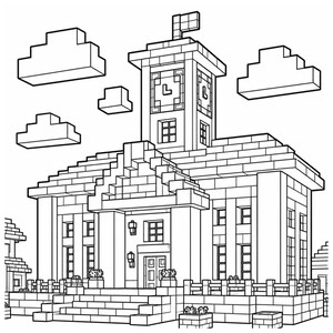 May include: Line art illustration of a building with a clock tower, flag, and blocky design. The building has multiple windows, a front porch, and steps leading up to the entrance. Clouds are in the background.
