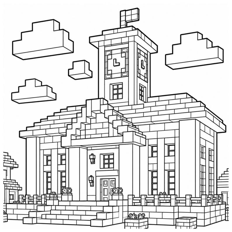 May include: Line art illustration of a building with a clock tower, flag, and blocky design. The building has multiple windows, a front porch, and steps leading up to the entrance. Clouds are in the background.