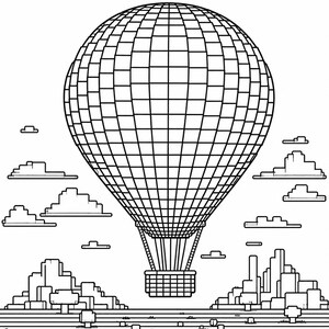 May include: Black and white line art illustration of a hot air balloon floating above a cityscape. The balloon is large and detailed, with a basket below and clouds in the sky. The image is a simple, graphic design.