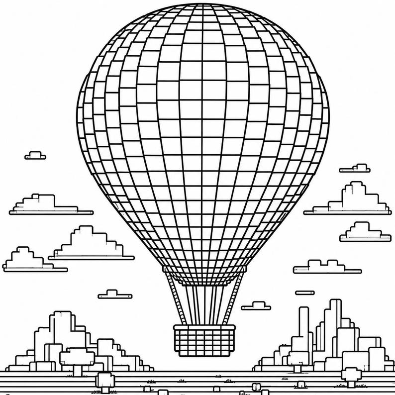 May include: Black and white line art illustration of a hot air balloon floating above a cityscape. The balloon is large and detailed, with a basket below and clouds in the sky. The image is a simple, graphic design.