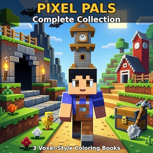 May include: A vibrant illustration advertising "Pixel Pals Complete Collection", showcasing a voxel-style character on a path. The image includes a clock tower, a red barn, a treasure chest, and the text "3 Voxel-Style Coloring Books".