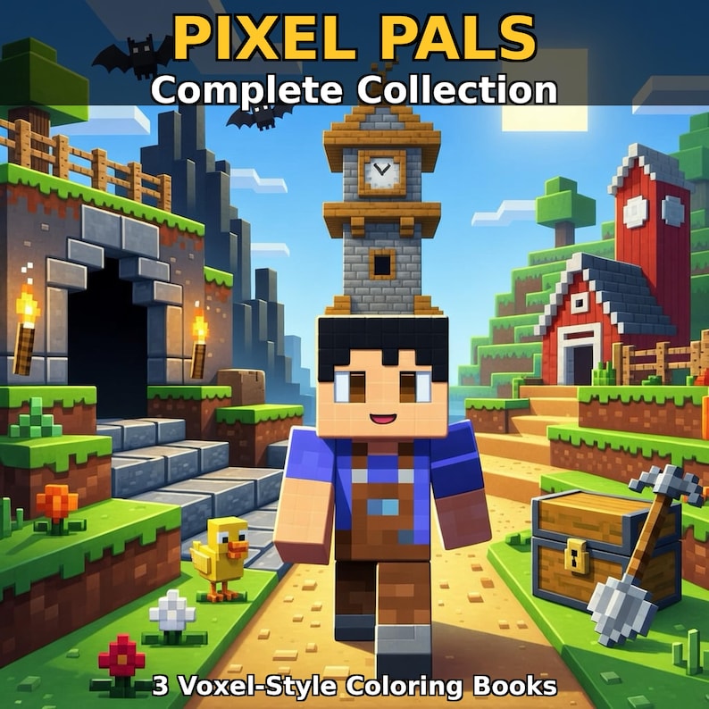 May include: A vibrant illustration advertising "Pixel Pals Complete Collection", showcasing a voxel-style character on a path. The image includes a clock tower, a red barn, a treasure chest, and the text "3 Voxel-Style Coloring Books".