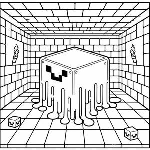 May include: Black and white line drawing of a Minecraft-themed scene. A large, cube-shaped slime character with a pixelated face dominates the image. The character is in a brick-walled room with torches and smaller cube-shaped characters.