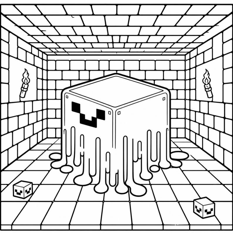 May include: Black and white line drawing of a Minecraft-themed scene. A large, cube-shaped slime character with a pixelated face dominates the image. The character is in a brick-walled room with torches and smaller cube-shaped characters.