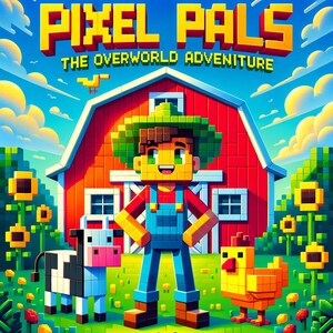May include: A colourful illustration depicting a pixelated farmer in a green hat and blue overalls, standing before a red barn. A cow and a chicken are also shown. The image is titled "Pixel Pals: The Overworld Adventure".