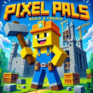 May include: A vibrant illustration features a pixelated character holding a hammer, with the text "PIXEL PALS BUILD & CREATE" above. The character wears a yellow hard hat and blue overalls, set against a backdrop of a castle and construction cranes.