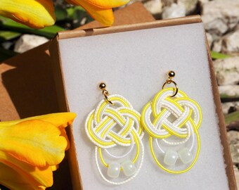 Yellow Mizuhiki Earrings, Japanese Knot Earrings, Lightweight Dangle Earrings, Nanohana Inspired Jewelry, Gift for Her