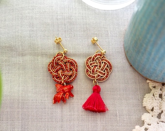 Japanese Goldfish Mizuhiki Earrings | Asymmetrical Red Statement Earrings | Handmade Washi Paper Jewelry | Summer Festival Gift