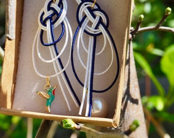 Hummingbird of Fortune Earrings, Mizuhiki Jewelry, Asymmetrical Drop Earrings, symbol of luck, Japanese Knot, Lucky Gift