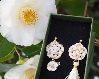 White Mizuhiki Asymmetrical Earrings, Camellia & Tassel, Japanese Knot Design, Elegant Handmade Gift for Her, Benitsubaki
