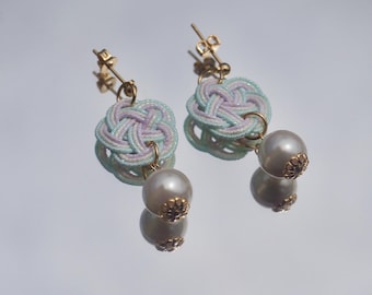 White Pearl Mizuhiki Earrings, Japanese Knot Earrings, Elegant Handmade Jewelry, Minimal Gift for Her