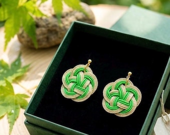 Emerald Light | Green Mizuhiki Knot Earrings | Handmade Japanese Washi Jewelry | Lightweight Floral Stud Earrings | Gift for Her