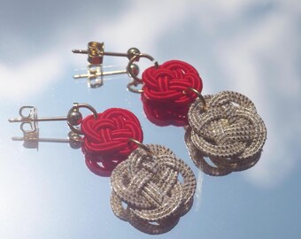 Red & Gold Mizuhiki Drop Earrings, Japanese Knot Earrings, Lightweight Handmade Jewelry, Everyday Statement Gift for Her