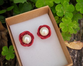 Pearl Flower Stud Earrings, Mizuhiki Jewelry, Japanese Knot Earrings, Elegant Bridal Earrings, Statement Gift for Her