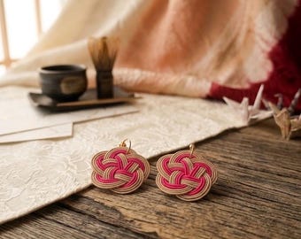 Delicate Boldness |Pink & Beige Mizuhiki Ume Knot Earrings, Japanese Handmade Statement Earrings, Traditional Japanese Knot Jewelry