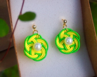 Whispers of spring Mizuhiki Pearl Earrings, Japanese Knot Earrings, Handmade Floral Studs, Lightweight Gift for Her