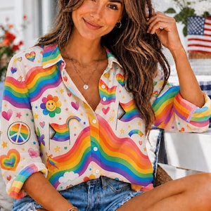 LGBTQ+ Pride Rainbow Blouse Shirt, Love Is Love Heart Button Up Top, Colorful Boho Summer Shirt For Women