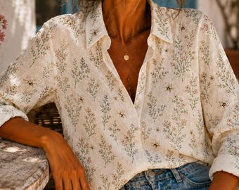 Vintage linnen top bij, esthetische bijenblouse, shirt botanisch honingbij voor vrouwen, cadeau natuurliefhebber, retro zomercottagecore-kleding