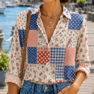 Blouseshirt patriottisch patchwork, VS 250 jubileum button-up shirt, vintage boho-top met Amerikaanse vlag voor dames