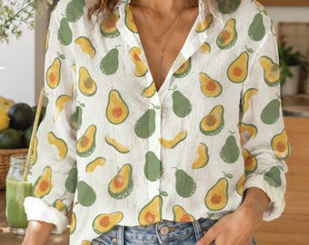 Avocado Print Long Sleeve Shirt | Women's Casual Blouse | Fun Fruit Pattern Top