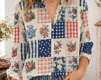 Patriotic Patchwork Blouse Shirt, USA 250 Anniversary Button Up Shirt, Vintage American Flag Boho Top For Women