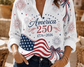 Retro American Flag Women Top Shirt, USA 250th Anniversary Blouse Shirt, Vintage Usa Floral Shirt, Boho Floral America Shirt, Patriotic Gift