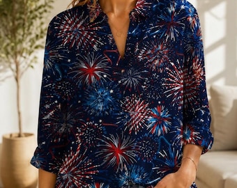 4th of July Fireworks Blouse Women | Patriotic Top | Red White Blue Shirt