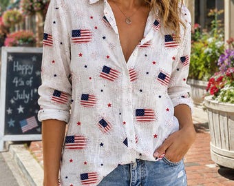 Retro American Flag Women Top Shirt, USA 250th Anniversary Blouse Shirt, Vintage Usa Floral Shirt, Boho Floral America Shirt, Patriotic Gift