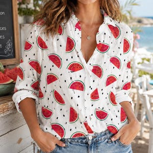 Watermelon Shirt, Fruit Print Casual Shirt, Colorful Fruit Women Shirt, Spring Spirit Blouse Shirt, Melon Shirt For Summer