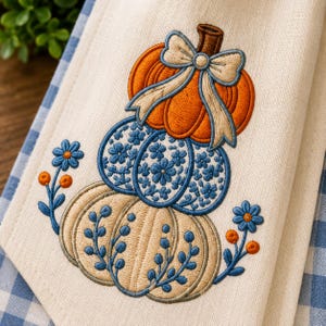 May include: A cream-colored fabric towel featuring an embroidered stack of three pumpkins. The top pumpkin is orange with a beige bow, the middle is blue with a floral pattern, and the bottom is beige with blue vine embroidery and blue flowers.