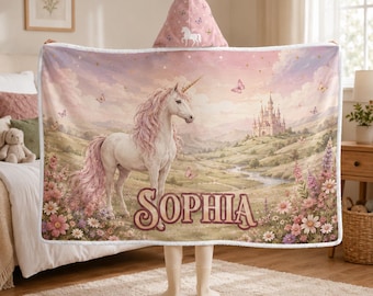 Personalized Unicorn Wearable Blanket, Custom Name Hooded Blanket, Pink Sherpa Blanket, Magical Unicorn Gift for Girls Kids & Granddaughter
