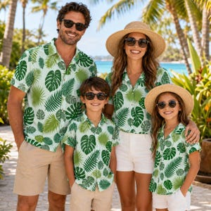 Passende Familie Hawaiihemden Set, Tropisches Strand Outfit für Mama Papa Kinder, Urlaub Passende Kleidung, Sommer Familienfoto Outfit