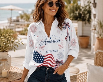 Retro American Flag Women Top Shirt, USA 250th Anniversary Blouse Shirt, Vintage Usa Floral Shirt, Boho Floral America Shirt, Patriotic Gift