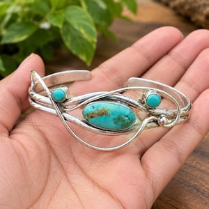 Bracciale Kingman con turchese, bracciale rigido in argento sterling con turchese, gioielli boho sud-occidentali fatti a mano