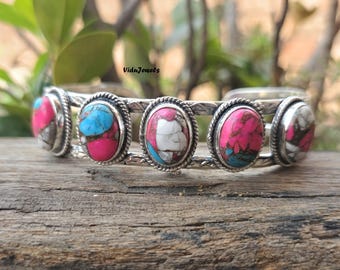 Cotton Candy Dahlia Turquoise Bangle Bracelet | Handmade Sterling Silver Cuff Bracelet | Pink Turquoise Boho Jewelry Gift for Her