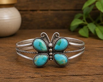 Butterfly Kingman Turquoise Cuff Bangle, Bracelet, 925 Sterling Silver Adjustable Cuff, Handmade Boho Western Jewelry Gift