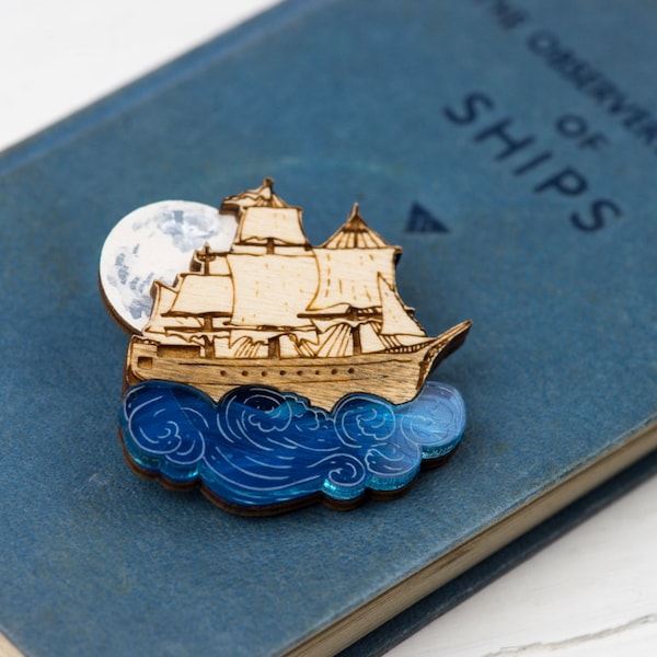 Moonlit Pirate Ship Brooch