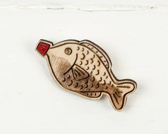 Soy Sauce Fish Brooch, Japanese Food, Laser Cut Plywood Pin