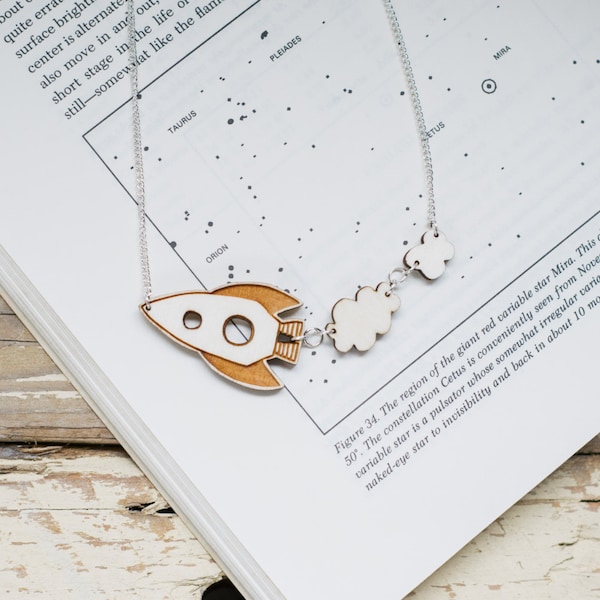 Rocket Ship Wooden Necklace, Sustainable Laser Cut Jewellery