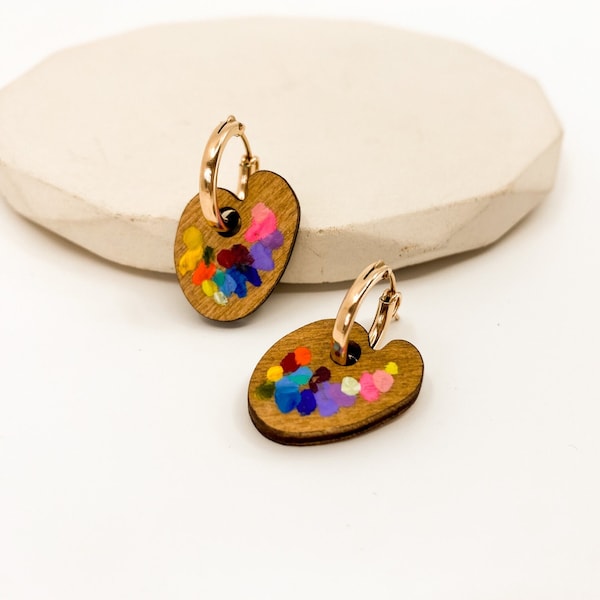 Wooden Artists Paint Palette Charm Hoop Earrings