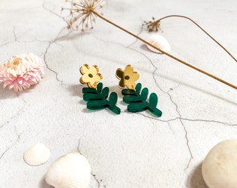 Chonky Flower Earrings in Gold/Green, Modern Floral Studs, Statement Laser Cut Earrings, Botanical Jewellery