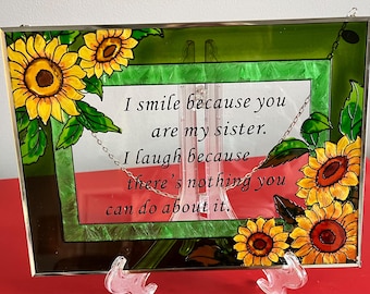 Vintage Stained Glass Panel Metal Framed Window Art Floral Wall Art, Sister Theme, 11x8