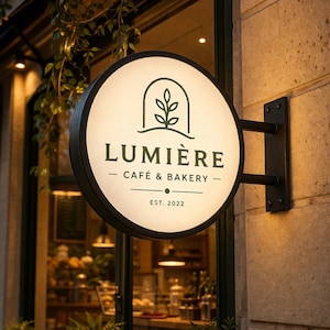 May include: A round, illuminated sign for a cafe and bakery, with the name "LUMIÈRE" in a serif font. The sign features a green leaf design and the text "CAFÉ & BAKERY" and "EST. 2022". The sign is mounted on a black metal bracket.