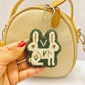 Norse Hare Punch Needle Keychain, Hand-Embroidered Birch Forest Valhalla Charm, Soft Looped Yarn Bag Accessory