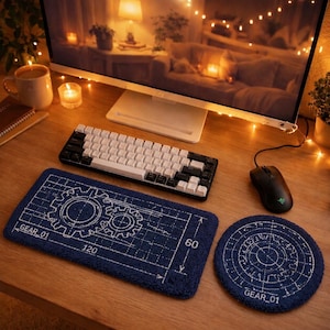 Könnte beinhalten: Eine rechteckige Tastaturunterlage und ein rundes Mauspad in Dunkelblau mit weißen technischen Blaupausen-Grafiken von Zahnrädern und Maßen. Die rechteckige Unterlage zeigt den Text GEAR_01, 120 und 60, das runde Mauspad zeigt den Text GEAR_01.