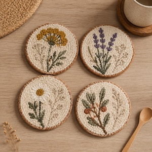 May include: Four circular coasters featuring cream-coloured yarn with embroidered botanical designs. The patterns include a yellow flower, purple lavender, a white daisy, and a branch with orange berries, all finished with a braided edge.