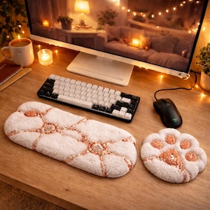 Copper Vein Stone Punch Needle Desk Set, Handmade Keyboard and Mouse Wrist Rest Duo for Natural Modern Workspace