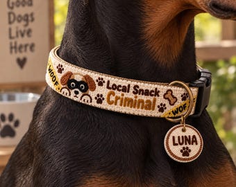 Funny Snack Thief Punch Needle Dog Collar - Handcrafted Textile Pet Accessory with Police Tape and Biscuit Motifs for Mischievous Pups